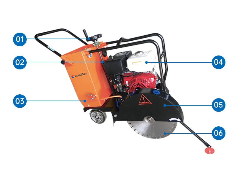 Excalibur walk behind concrete saw showing its control handle engine blade guard and blade